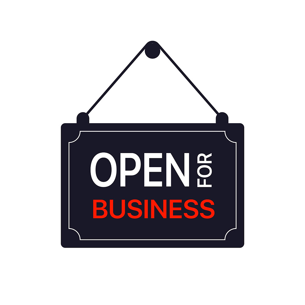 Open for business signboard. Vector illustration. Ad, sign, door, development, recruitment, employment, employee. Advertisement concept. Vector line icon for Business and Advertising.