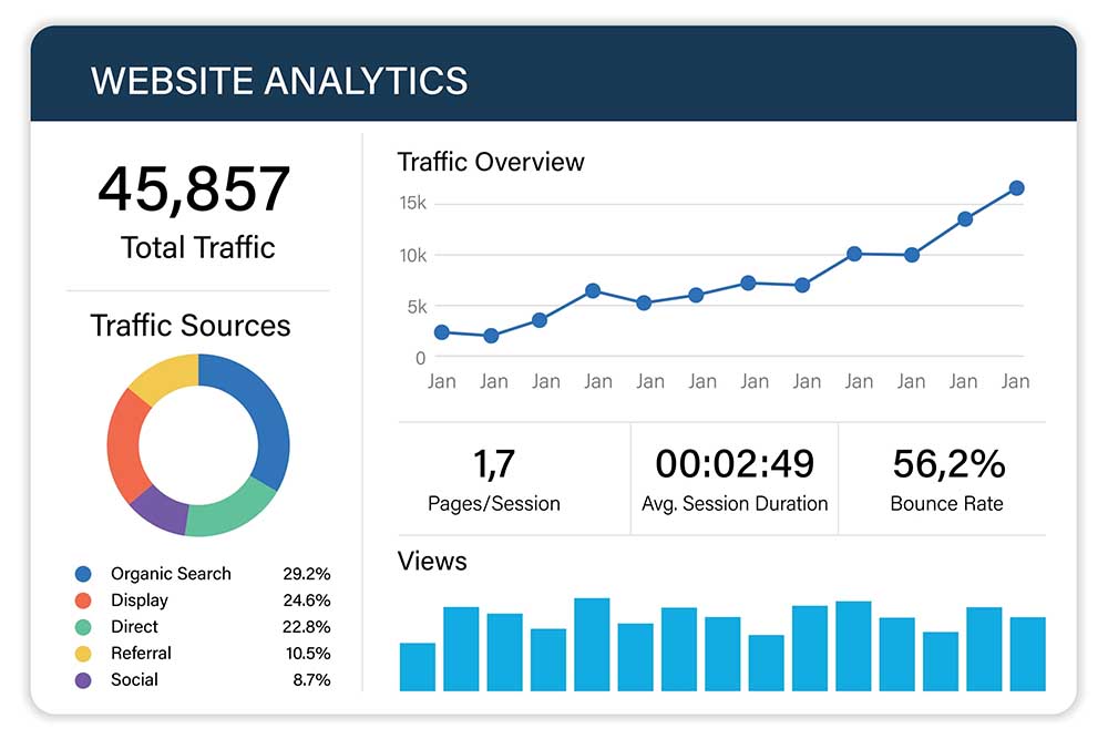Powerful website analytics dashboard revealing traffic origins and evolving visitor trends.