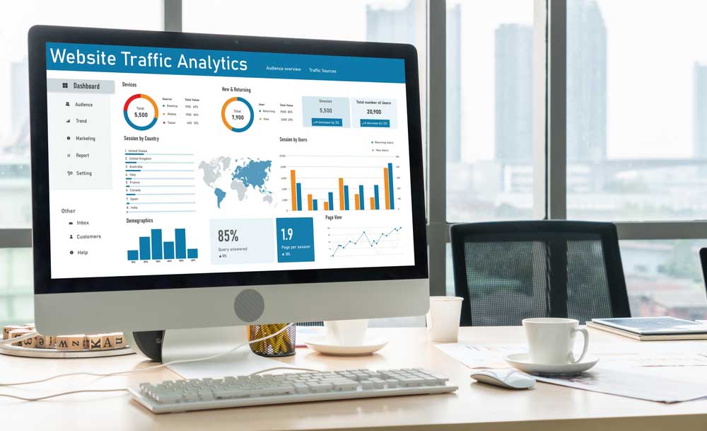 Computer software for website traffic analytics data on computer screen. Concept of SEO search engine optimization and customer targeting for online business snugly