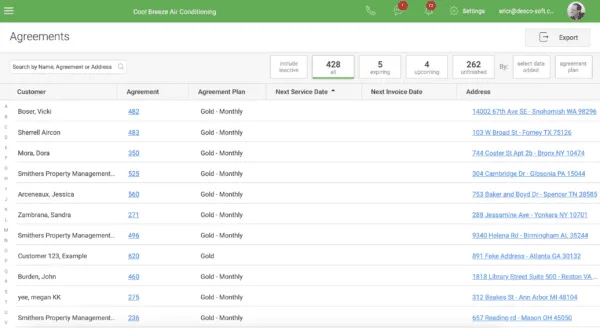 FieldEdge Agreements screen: 428 all, 5 expiring, 4 upcoming, 262 unfinished, above a table of Gold Monthly agreements
