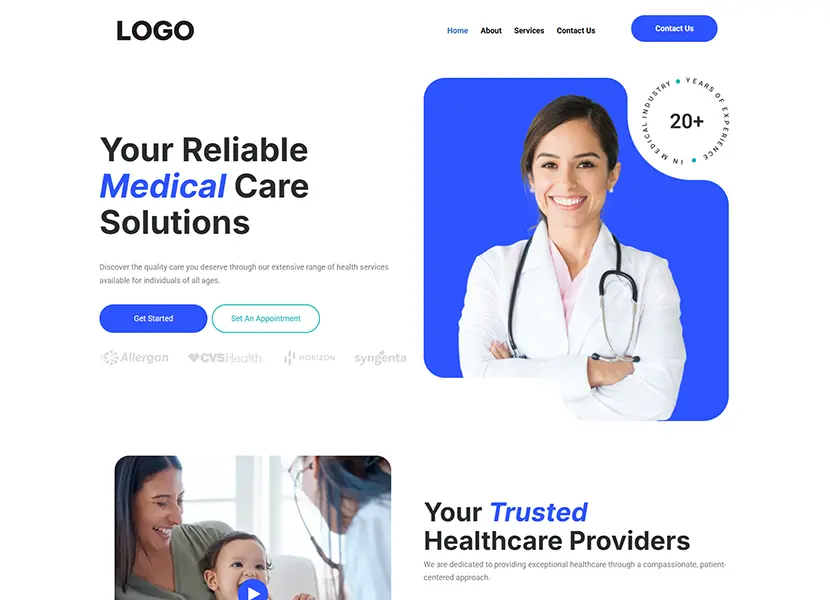 Althea template home page: white and blue medical site headed Your Reliable Medical Care Solutions with a doctor photo