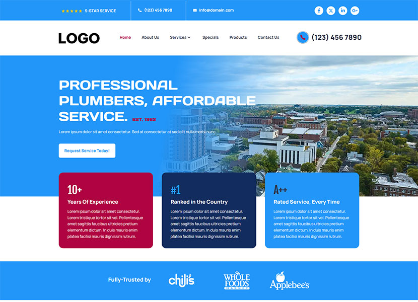 Azure template home page: blue plumbing site headed Professional Plumbers, Affordable Service with 10+, #1 and A++ cards