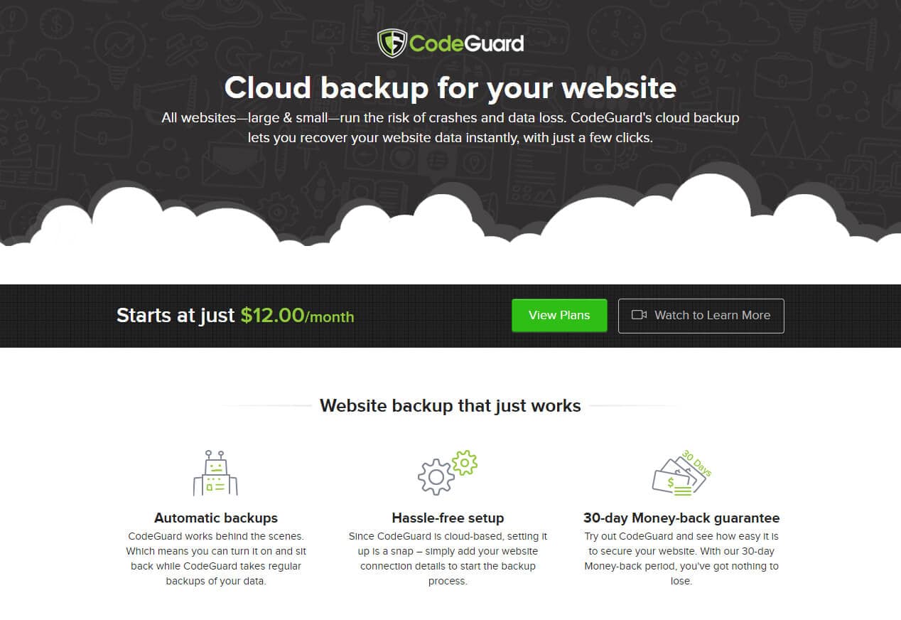 CodeGuard product page headed "cloud backup for your website", with three benefits: automatic backups, hassle-free setup, 30-day money-back guarantee