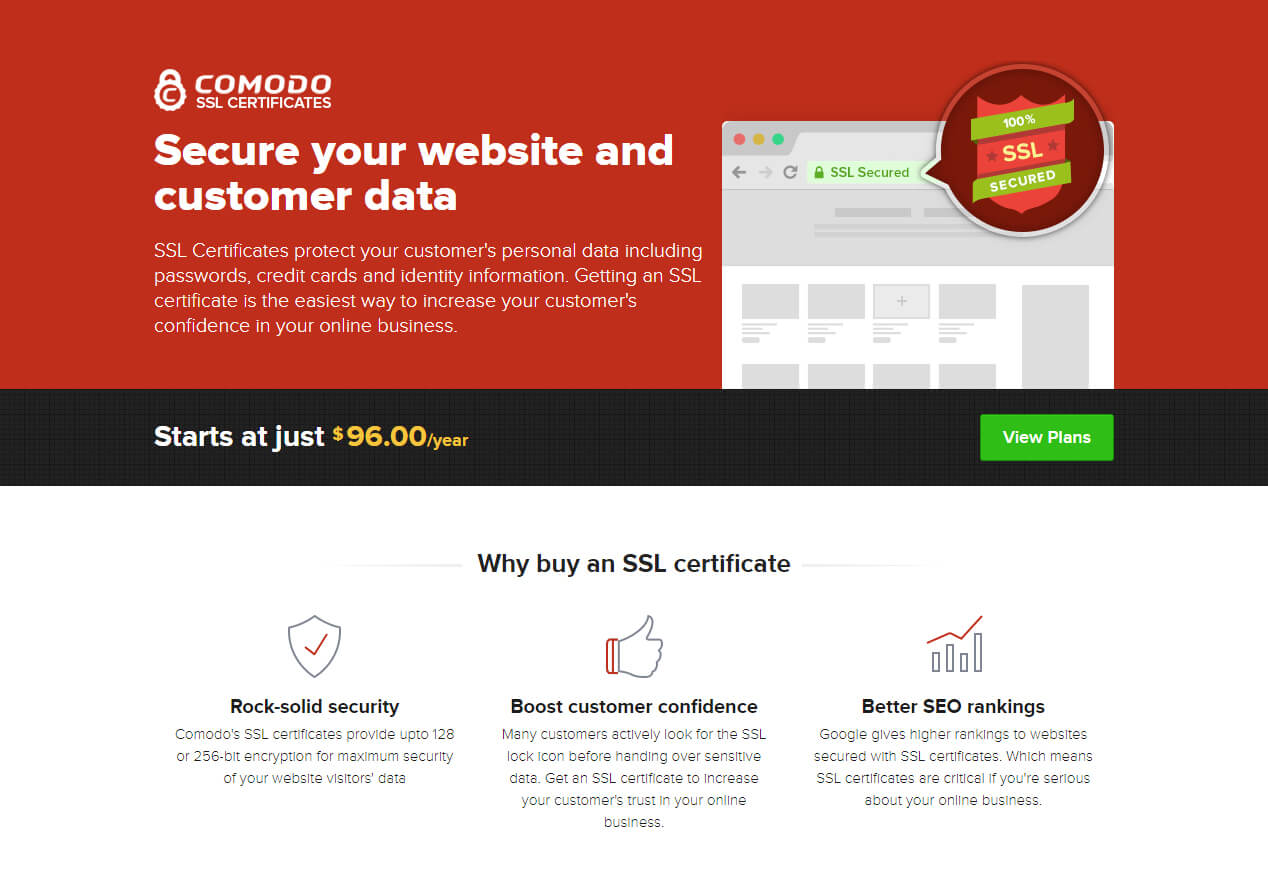 Comodo SSL certificate product page headed "secure your website and customer data", with three benefits: rock-solid security, boost customer confidence, better SEO rankings