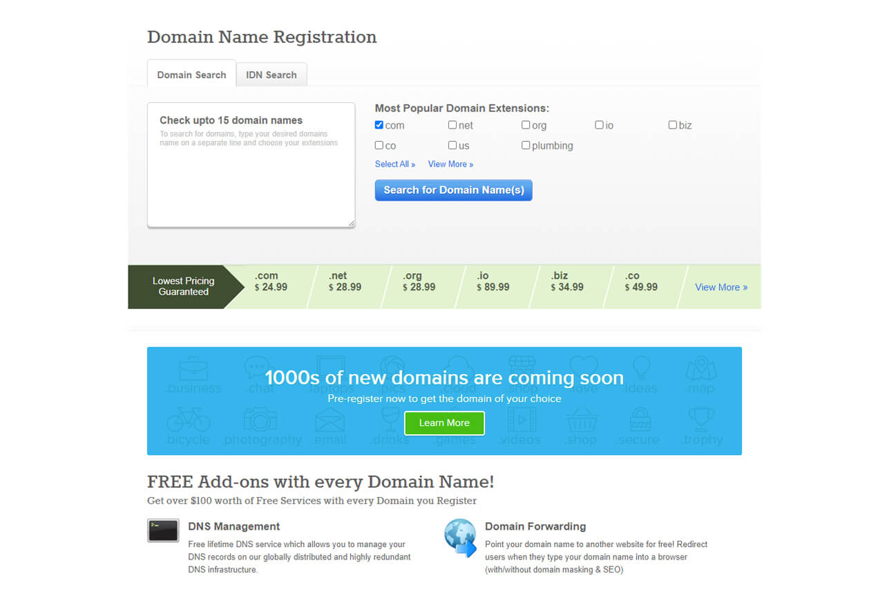 Domain name registration screen with a search box, a table of popular domain extensions, and a panel offering free add-ons including DNS management and domain forwarding