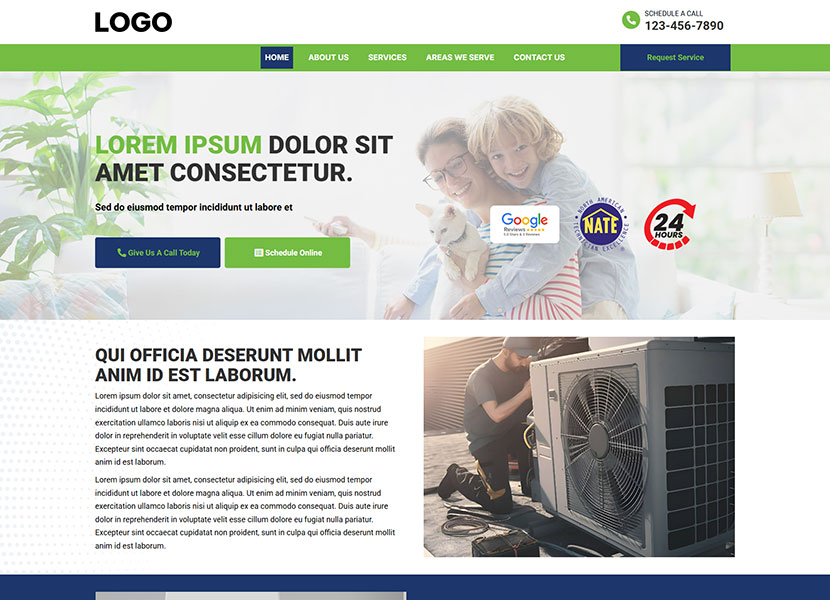 Emerald template home page: green HVAC site with a family photo, Google, NATE and 24-hour badges, and an AC repair photo