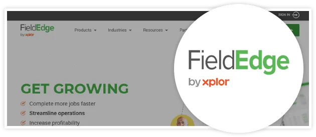 FieldEdge by Xplor homepage headed GET GROWING, with the FieldEdge by xplor logo magnified in a circle