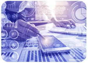 Hands at a tablet and keyboard overlaid with chart, pie graph and dashboard graphics