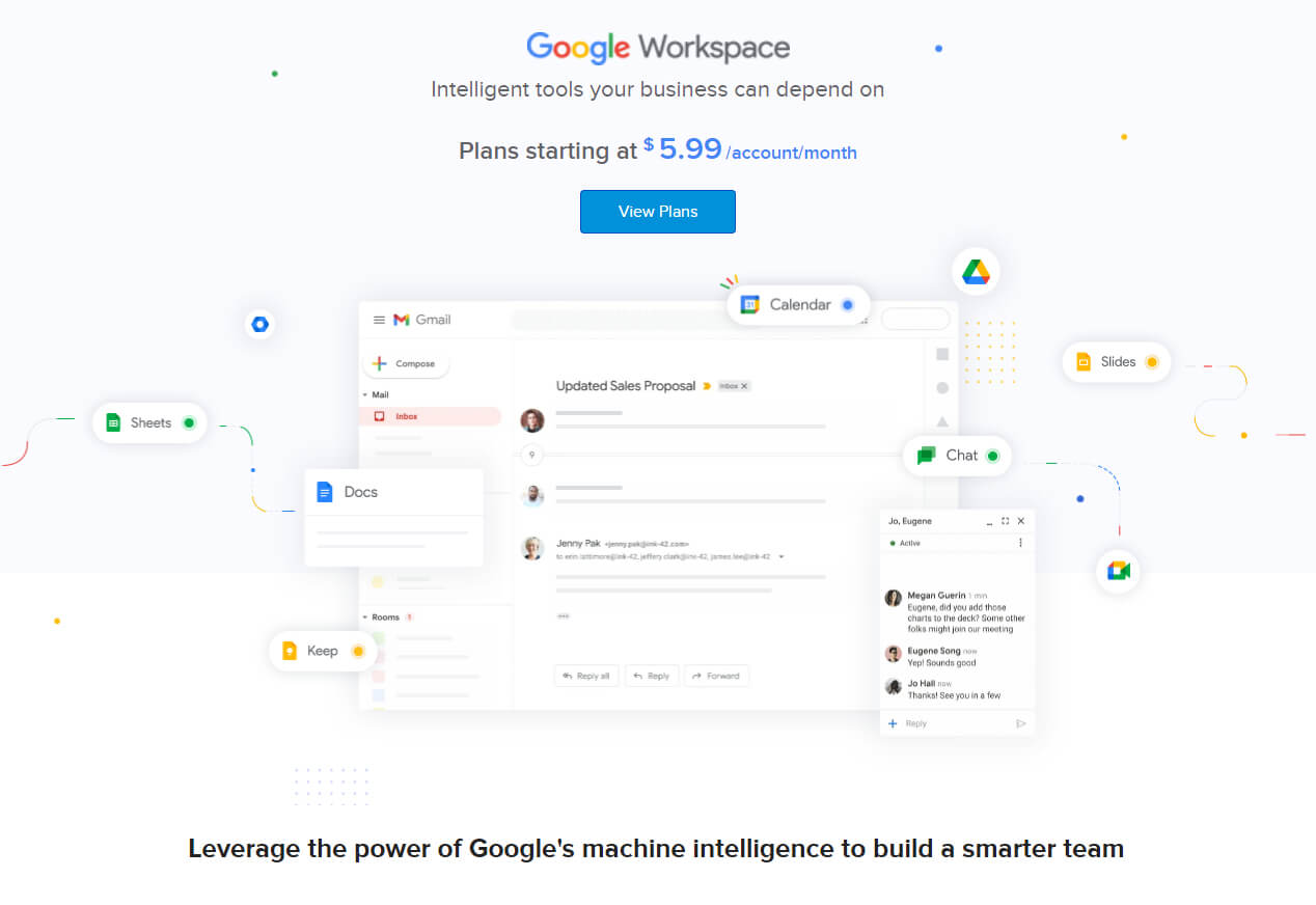 Google Workspace product page headed "intelligent tools your business can depend on", showing mail and chat interfaces