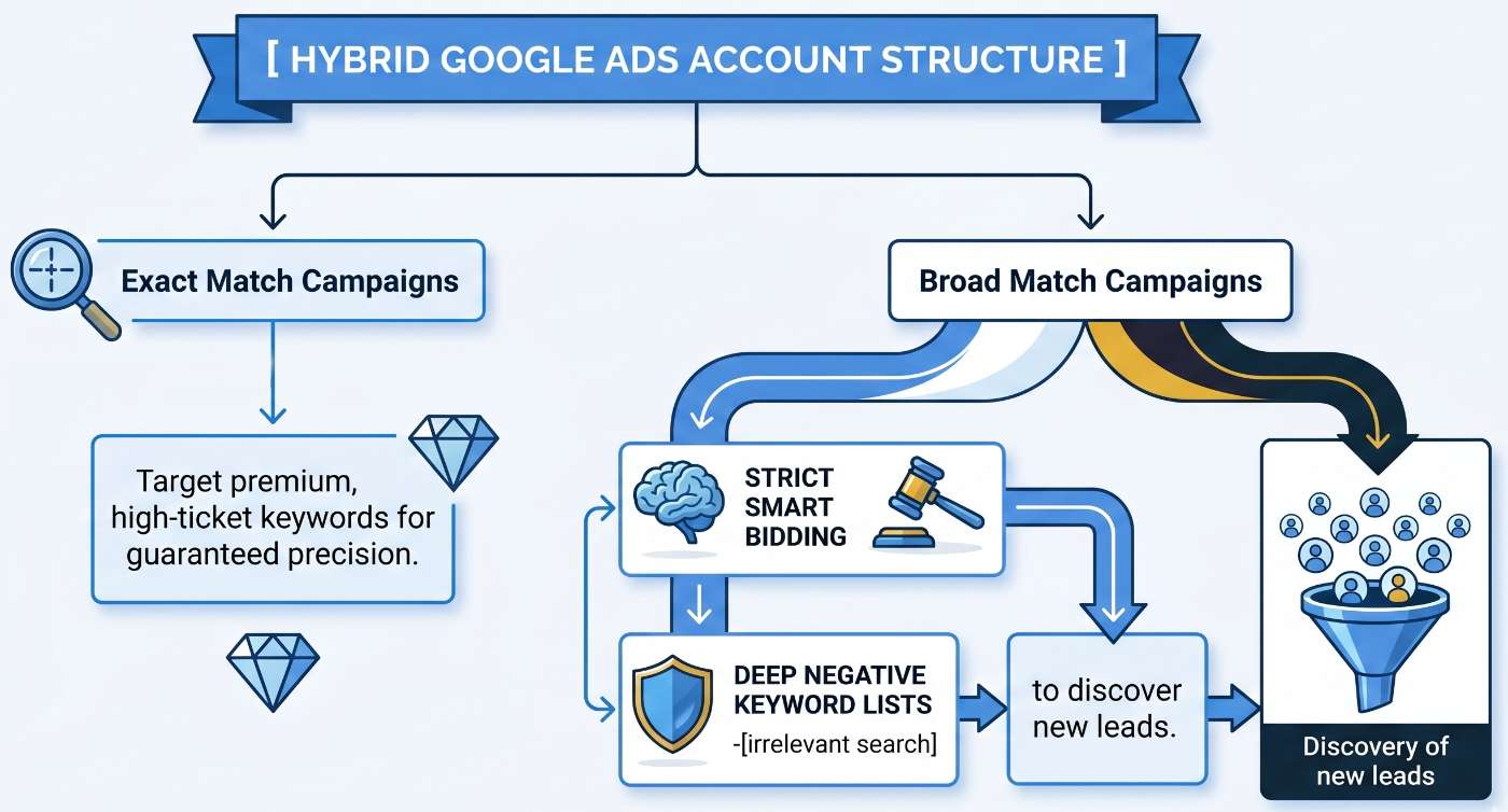 A hybrid account structure: exact match campaigns for high-ticket services alongside controlled broad match campaigns for discovery