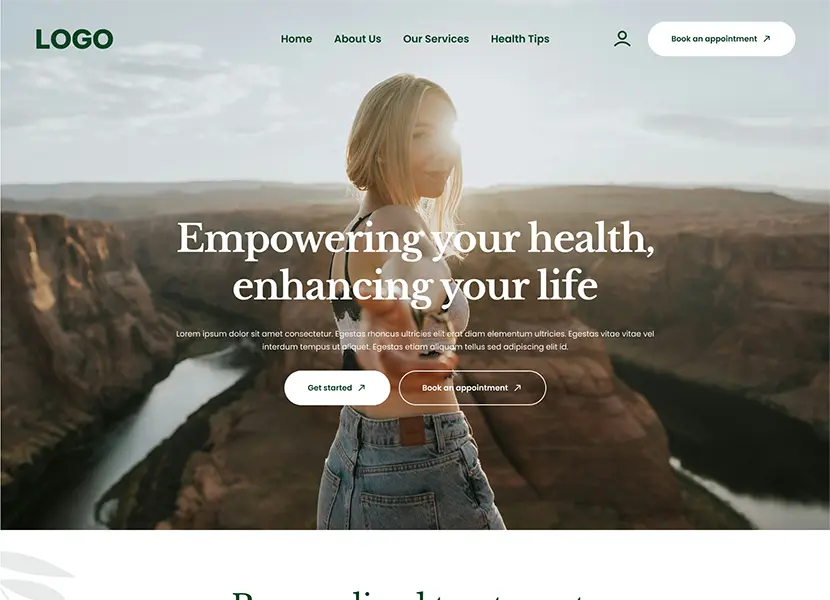 Isis template home page: wellness site over a canyon photo headed Empowering your health, enhancing your life