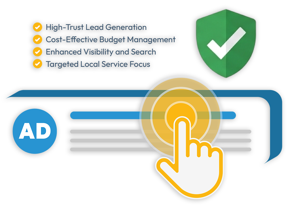 A hand cursor tapping a highlighted search result marked AD, beside a green verified shield and a checklist: high-trust lead generation, cost-effective budget management, enhanced visibility and search, targeted local service focus