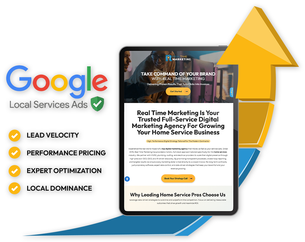 Google Local Services Ads badge with Lead Velocity, Performance Pricing, Expert Optimization, Local Dominance, beside a tablet
