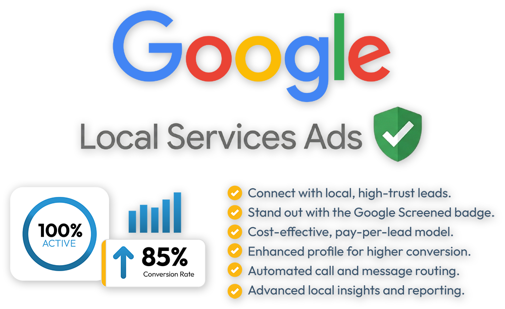 Google Local Services Ads logo with a green verified shield, a 100% active dial and an 85% conversion rate card, beside a checklist: connect with local high-trust leads, stand out with the Google Screened badge, cost-effective pay-per-lead model, enhanced profile for higher conversion, automated call and message routing, advanced local insights and reporting