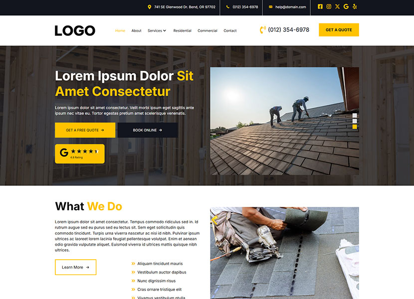 Maize template home page: black and yellow roofing site with roofers on a shingle roof and a What We Do section