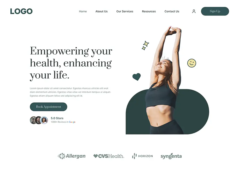Panacea template home page: green wellness site headed Empowering your health, enhancing your life with a stretching figure