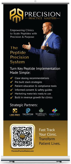 Precision Practice Mastery retractable banner for The Peptide Precision System, with speaker photo, checklist and QR code