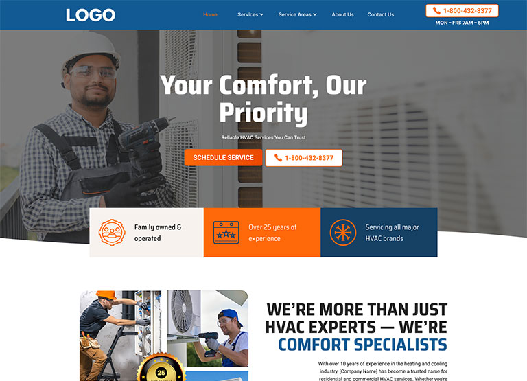 Royal template home page: navy and orange HVAC site headed Your Comfort, Our Priority with a technician holding a drill
