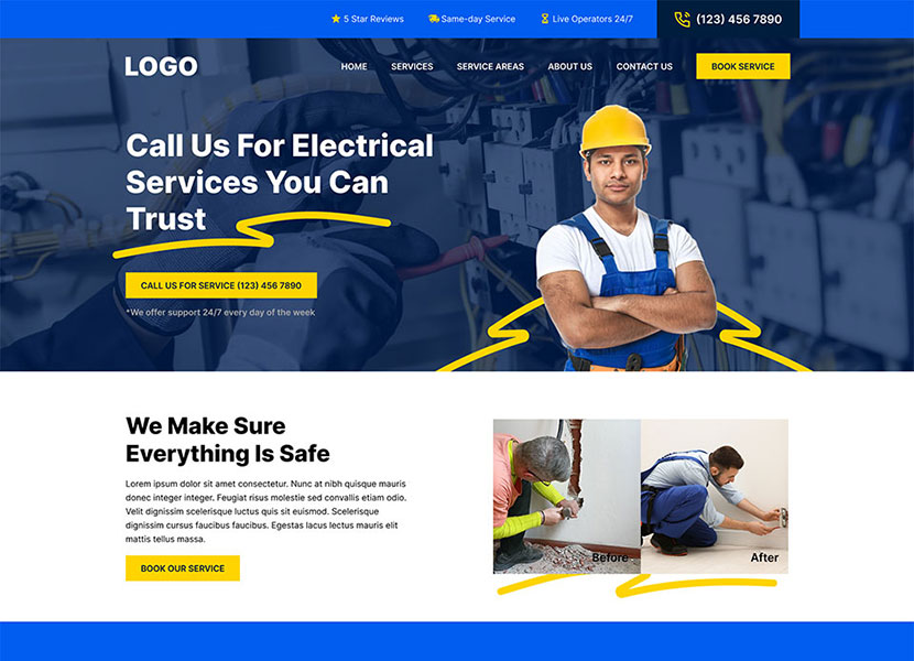 Sapphire template home page: blue electrician site headed Call Us For Electrical Services You Can Trust, before and after photos