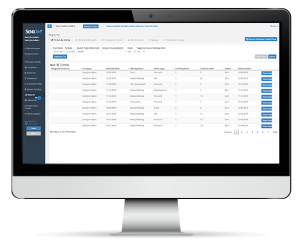 Desktop monitor showing the SendJim Reports dashboard with a table of mailings by order type, recipients and status