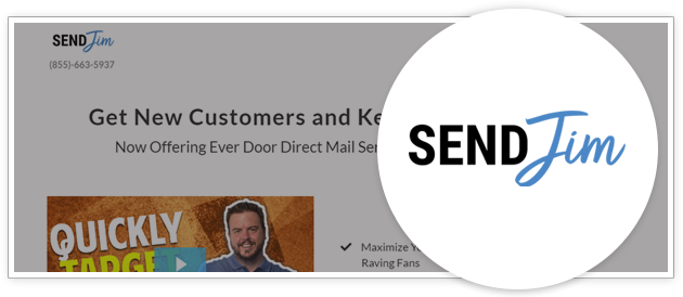SendJim website headed Get New Customers, phone (855) 663-5937, with the SendJim logo magnified in a circle