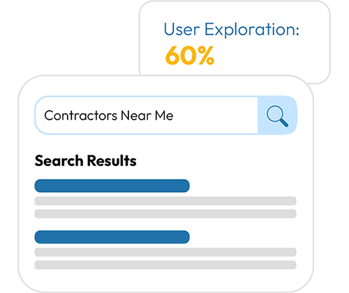 Search box reading Contractors Near Me above placeholder results, with a card reading user exploration 60%