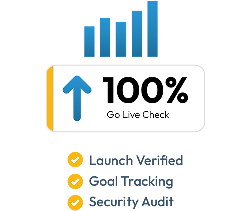 Rising bar chart above a 100% go live check card and checkmarks for launch verified, goal tracking, security audit