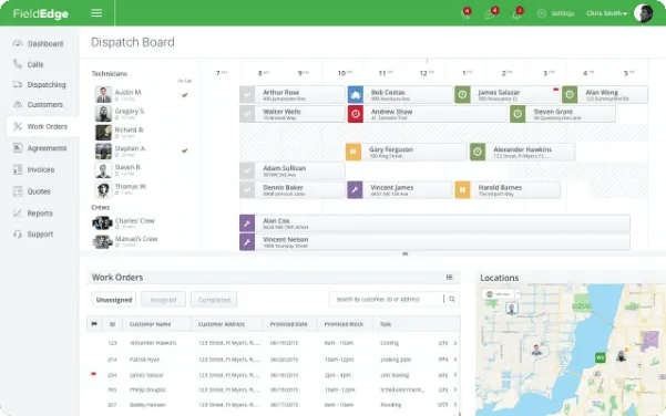 FieldEdge Dispatch Board: technician rows with scheduled job blocks, an unassigned work order list, and a location map