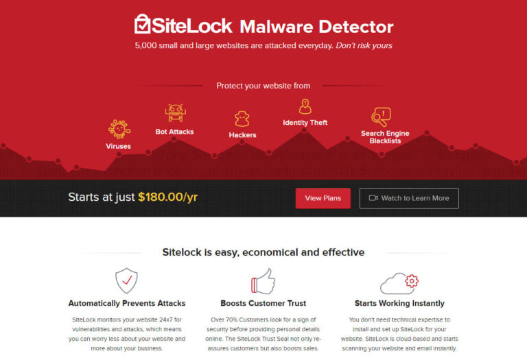 SiteLock Malware Detector product page warning that small and large websites are attacked every day, with three benefits: automatically prevents attacks, boosts customer trust, starts working instantly