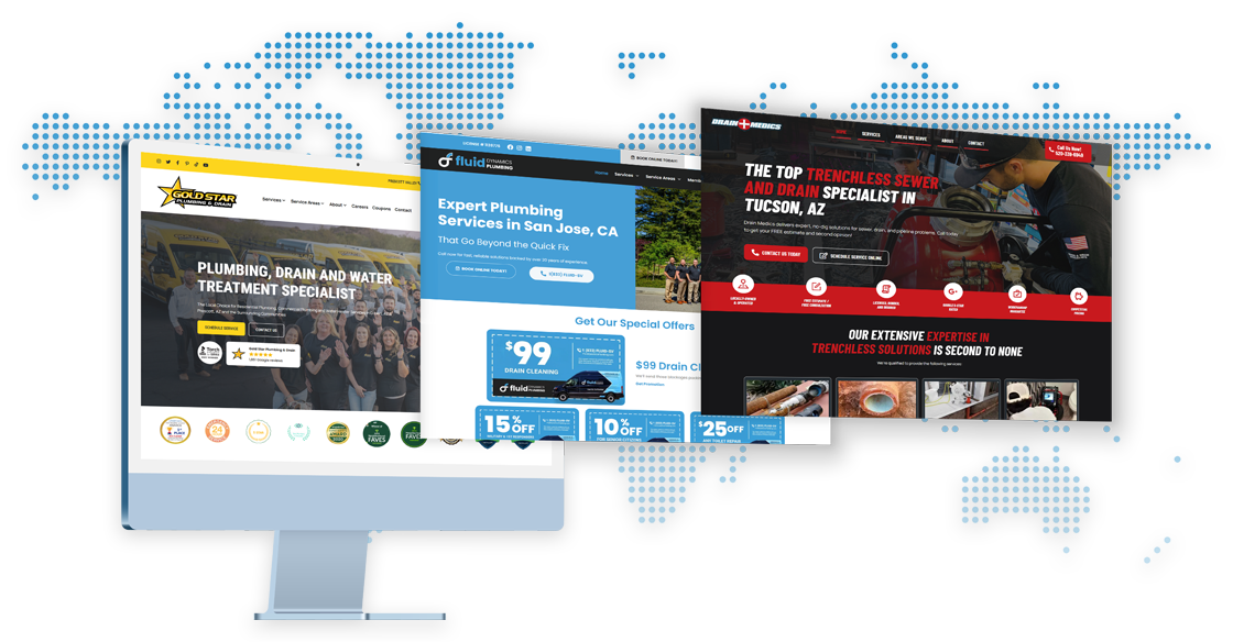 Three contractor website home pages layered over a dotted world map: Gold Star Plumbing & Drain, Fluid Dynamics Plumbing, and Drain Medics