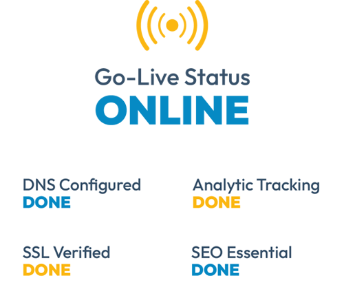 Go-Live Status ONLINE, with DNS Configured, Analytic Tracking, SSL Verified and SEO Essential all marked DONE