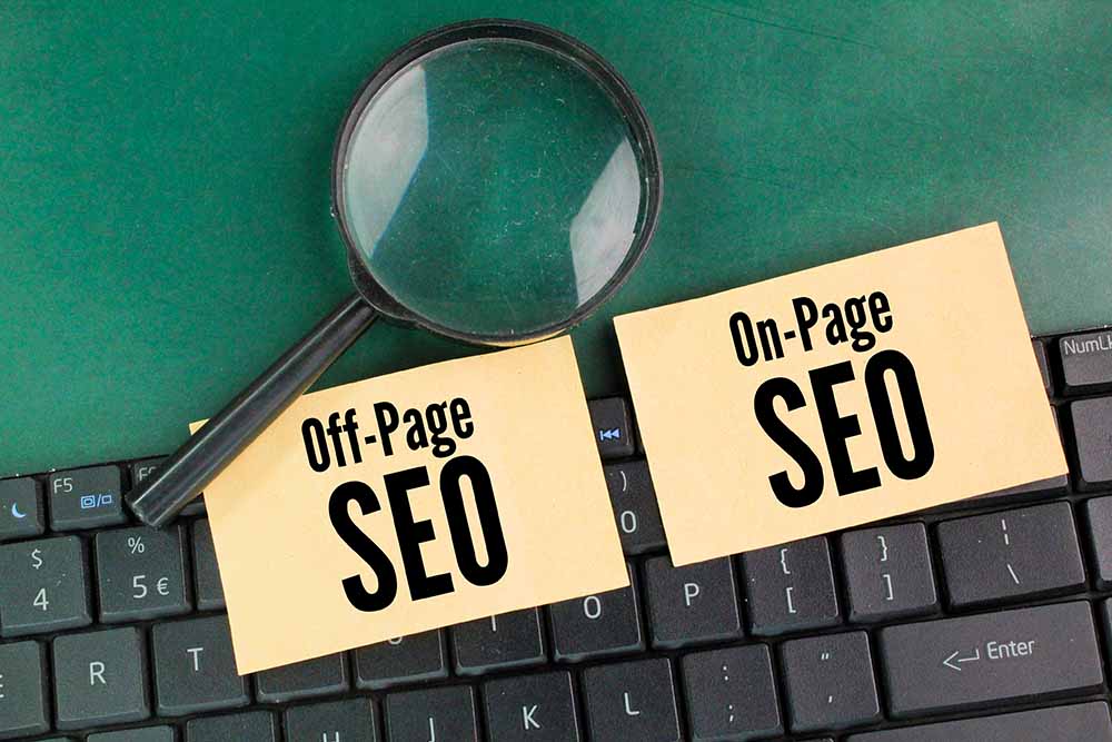 split screen with "On-page SEO" on one side and "Off-page SEO" on the other