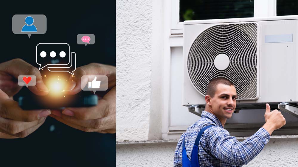 split-screen showing HVAC technician and a phone with social media icons