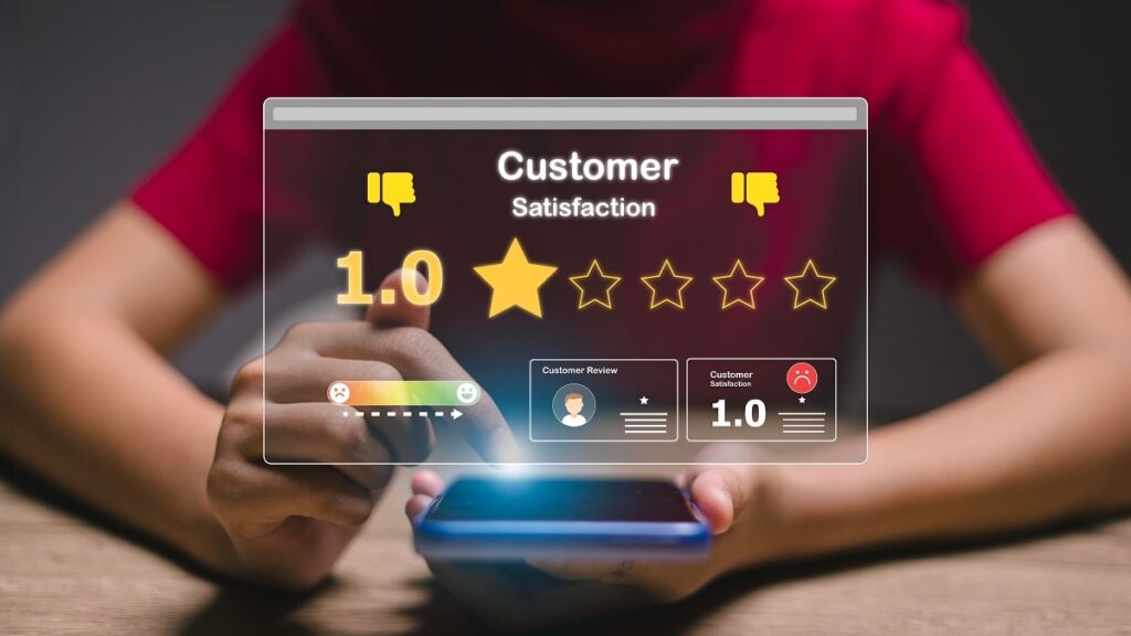negative review, unhappy face and thumbs down emoji