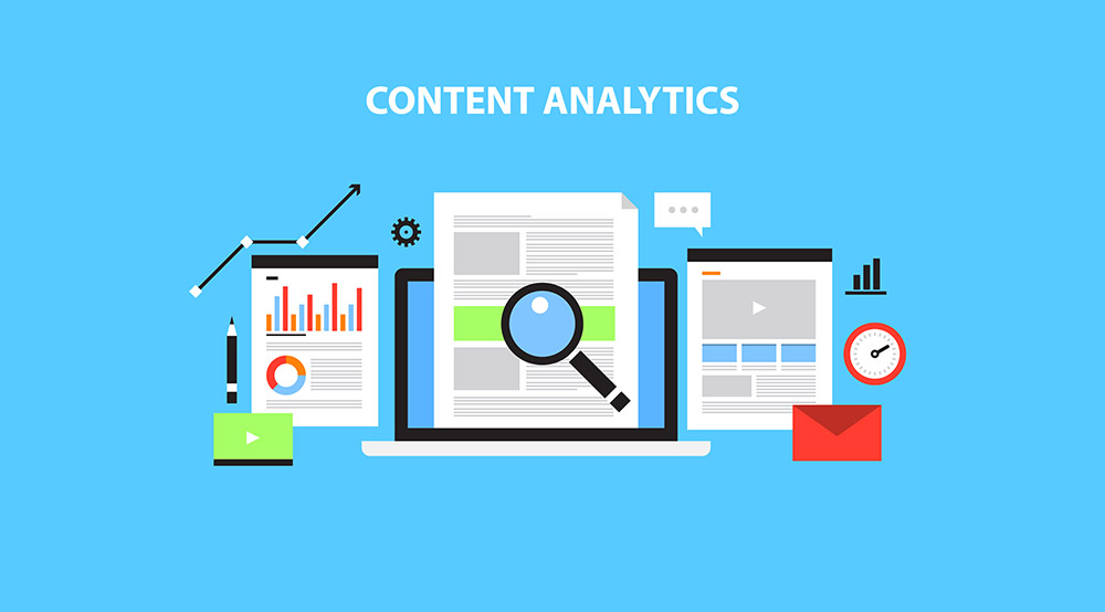 Content analytics, data analysis, application, performance flat design vector illustration isolated on blue background