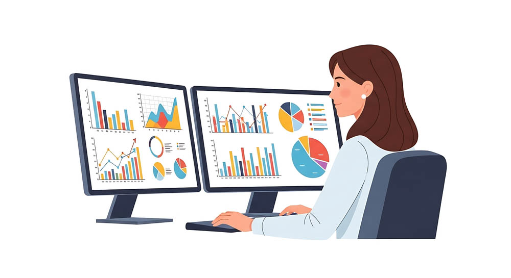 Woman analyzing data on dual monitors isolated on white background, showcasing charts and graphs