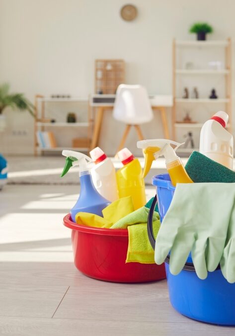 Housework,Equipment.,Blue,Plastic,Bucket,And,Red,Basin,Filled,With